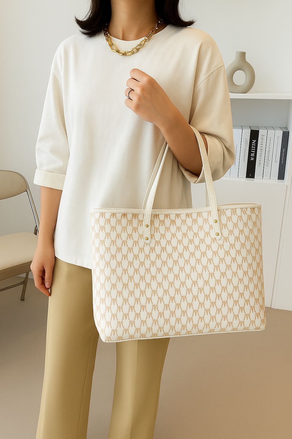 checkered tote bag beige